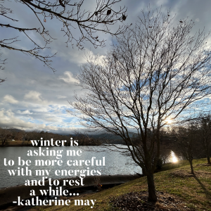 A picture with a lake and clouds in the background and a leaf-less tree in the foreground is overlaid with the quote, "winter is asking me to be more careful with my energies and to rest a while... - katherine may"