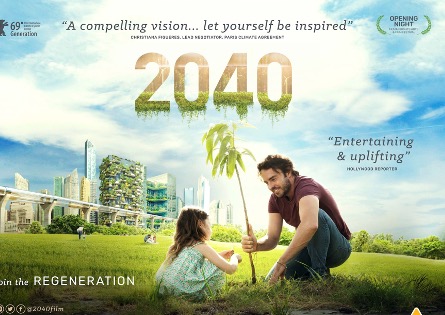 poster for the film, 2040 showing a man planting a tree with a little girl