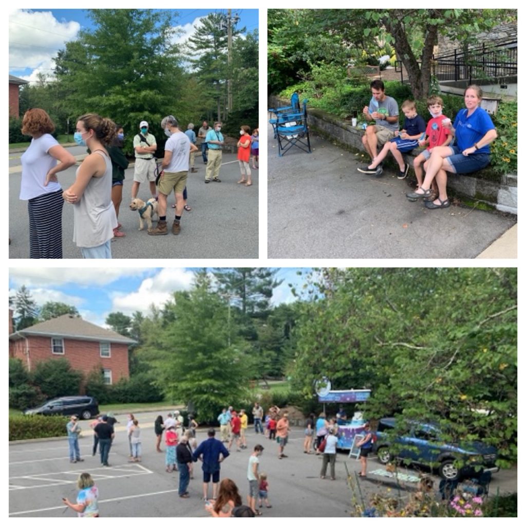 Multiple image of people outside gathered (sith social distancing) to talk and eat shaved ice concoctions.