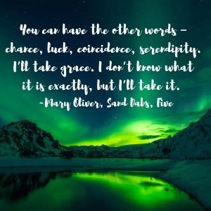 Northern lights with a Mary Oicer quote: You can have the other words – chance, luck, coincidence, serendipity. I’ll take grace. I don’t know what it is exactly, but I’ll take it.” 