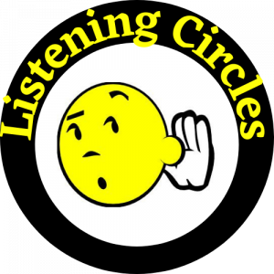 cartoon of yellow face with hand up, listening.