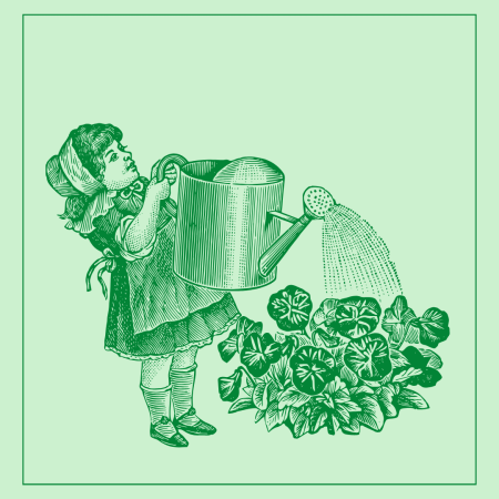 line art of a small girl with a large watering can