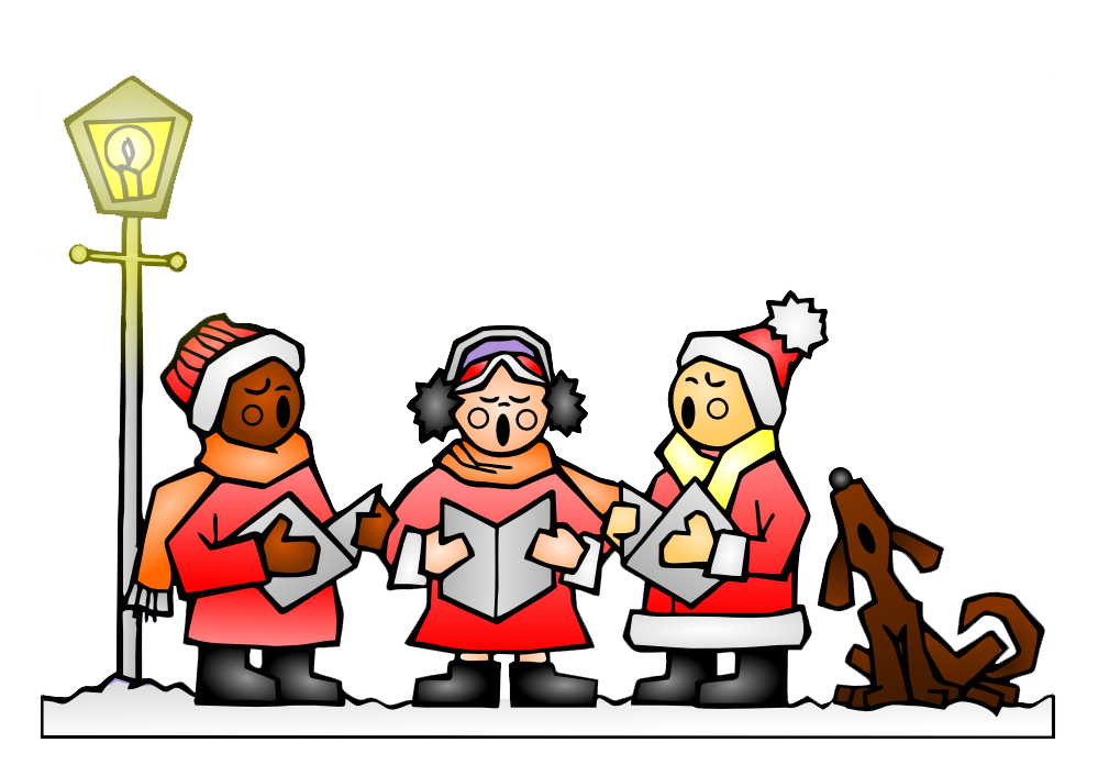 three cartoon carolers with dog howling in group