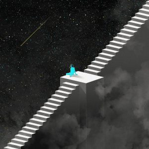 fantasy picture of white staircase ascending left to right with a turquoise figure on a landing in the middle of the staircase, gazing out to a night sky